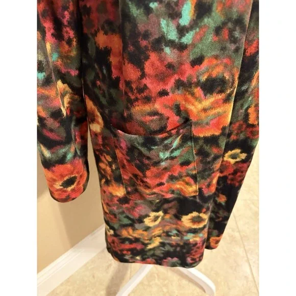 Nina Leonard Dolce Knit Duster/Cardigan, Black And Multicolor Floral Print, L - Picture 4 of 9